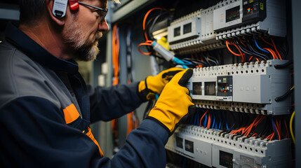 Electrical engineers test electrical installations and wiring on protective relays, measuring them with a multimeter. - obrazy, fototapety, plakaty
