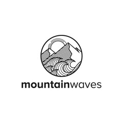 Mountain, Wave and Sun Line Art for Vintage Adventure Outdoor Traveling Logo Design