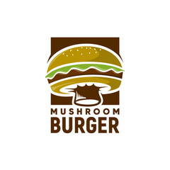 Mushroom Burger for Fast Food, Hamburger Restaurant Bar Cafe Logo Design