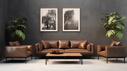 Frame gallery mockup in living room interior with leather sofa, minimalist industrial style,