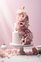 Wedding cake decorated.party celebration and holiday dessert in a countryside garden, event food catering,Generative Ai