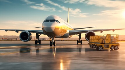 Luggage containers, Plane with cargo packages on runway.