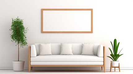 Fototapeta na wymiar Horizontal poster mock up with wooden frame, sofa, lamp and plants on white wall background.