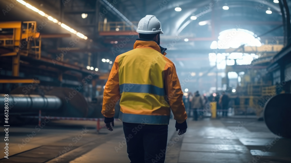Aufkleber Industrial Engineer while walking through in heavy industry manufacturing factory with various metalworking processes.
