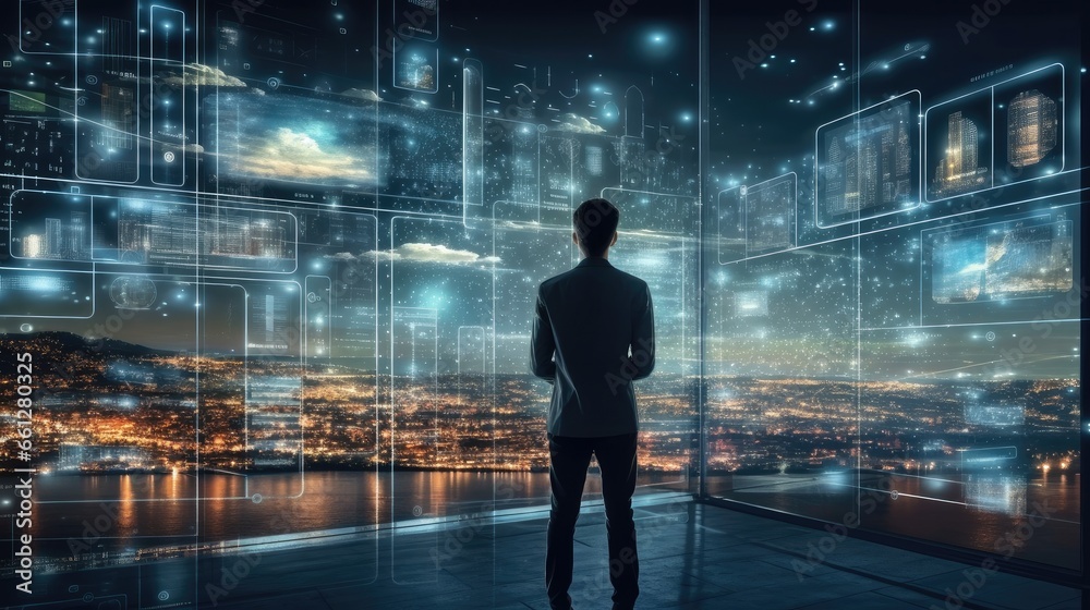 Poster business man examining data innovative e-commerce application, big data concept.