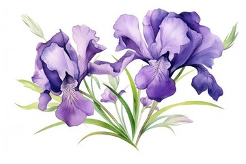 Watercolor purple iris flowers with green leaves on a white background