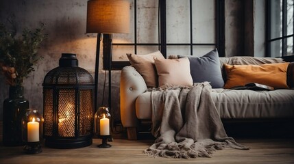 Boho living room with candles and unique lighting