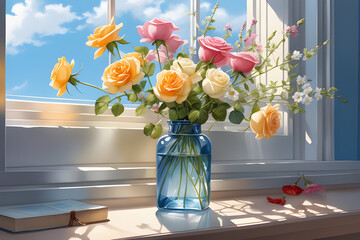 On a spring day, flowers were blooming on the window sill. The vase is a glass bottle. Wildflowers and roses. Outside the window I see only blue sky, Generative AI
