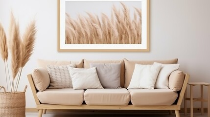 Scandinavian living room with blank poster frame
