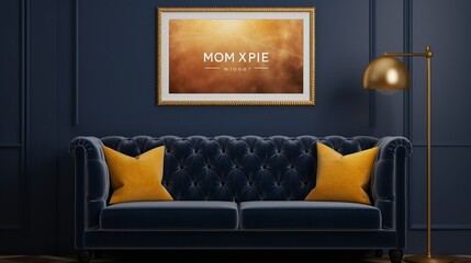 Interior poster mock up with two frames on the wall above velvet sofa with pillows and plaid.