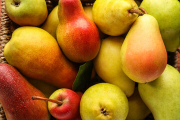 Fresh ripe pears in wicker box, closeup
