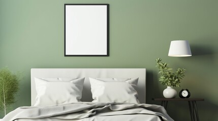 Landscape black picture frame mockup on sage green wall. Elegant bedroom view. White and grey linen pillows, blanket.Night stand with ceramic vase, dry fern and books. Scandinavian interior.