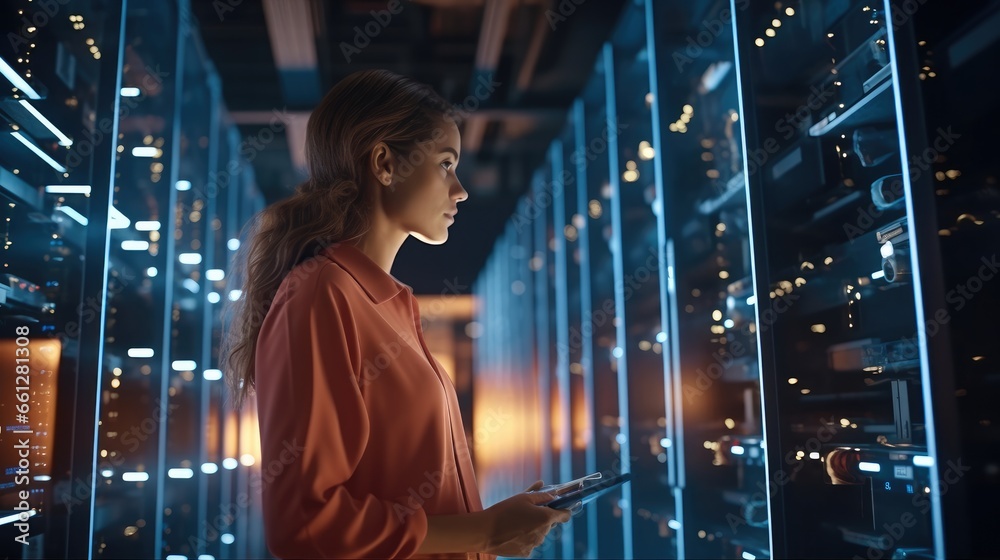 Poster it engineer female checking servers in big data center.