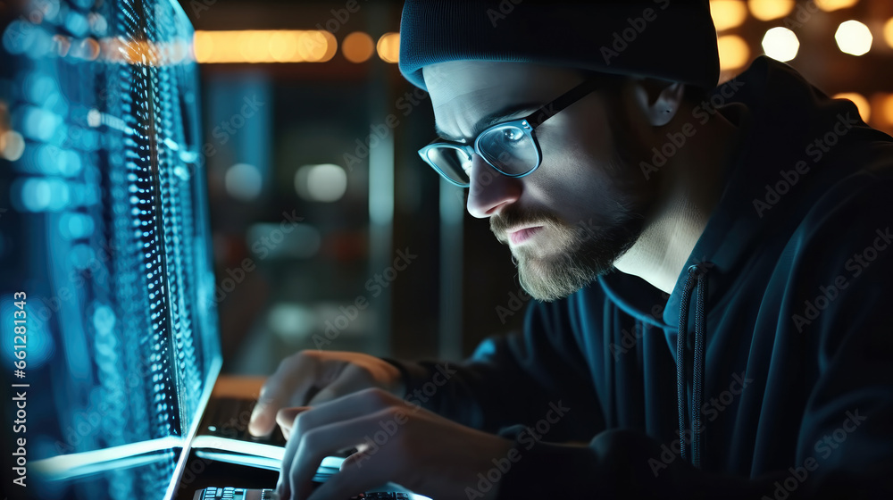 Aufkleber it engineer man working on laptop in server room or data center,