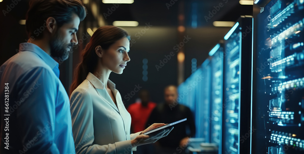 Poster IT Engineer man and woman using laptop diagnostics or doing maintenance in server room.