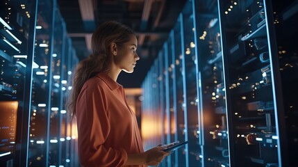 IT engineer female checking servers in big data center.