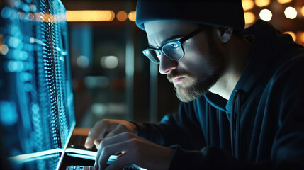 IT Engineer man working on laptop in server room or data center,
