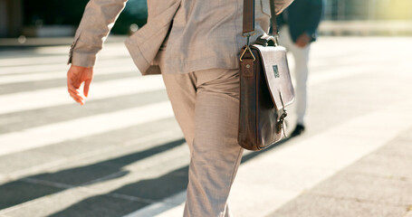 Businessman, walk and city street closeup or morning work commute, briefcase or professional. Male...