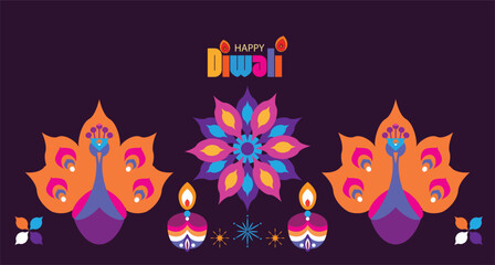 Traditional Indian festival Diwali. Happy Festival of lights Deepavali Template set icons for greeting card Festive Burning diya graphic design background Vector abstract flat illustration