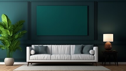 Mock up poster frame in dark green living room interior, ethnic style,