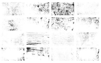 Vector grunge textures. Distress textures set. Grunge overlay textures with dust grain isolated on white background. Set of vector paint brush stroke, ink splash and grungy decoration