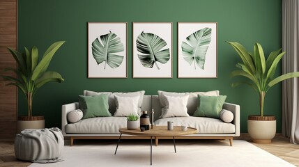 mock up poster frame in modern interior background, gallery wall in green living room, Scandinavian Boho style,