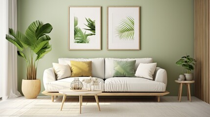 mock up poster frame in modern interior background, gallery wall in green living room, Scandinavian Boho style,