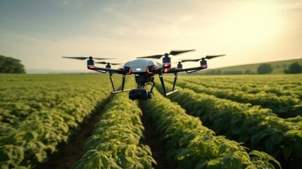 Utility drone flying above a corn field, The use of drones in agriculture.