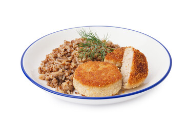 Plate of tasty meat cutlets with buckwheat on white background