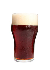 Glass of dark beer on white background