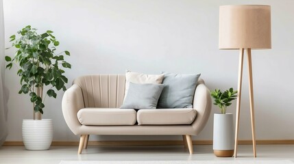 Mock-up: Gray sofa, wooden floor lamp, green vase in bright living room