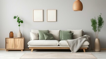 Mock-up: Gray sofa, wooden floor lamp, green vase in bright living room