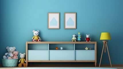 Mock up posters in child room interior, posters on empty blue wall background,