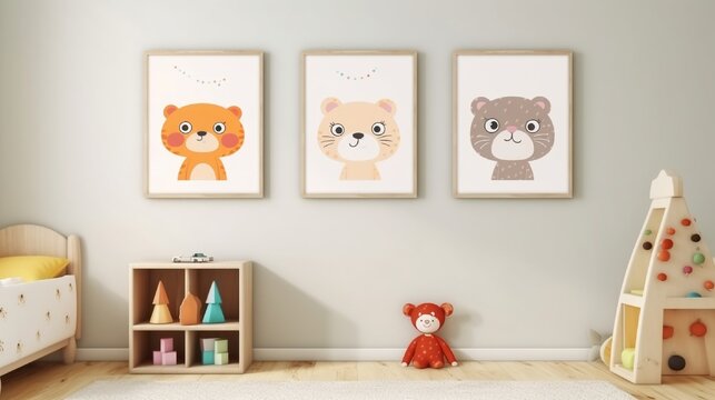 Mock up posters in child room interior, posters on empty cream color wall background,