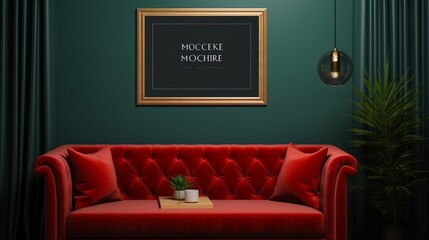 Mockup frame in dark green home interior with red sofa, table and decor,