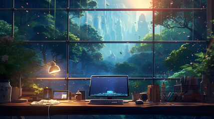 Lofi empty interior. Messy desk, window view of a forest, jungle. Anime