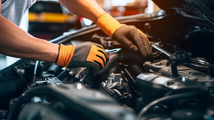 Technician Hands of car mechanic working repair in auto repair Service electric battery and Maintenance of car battery - obrazy, fototapety, plakaty