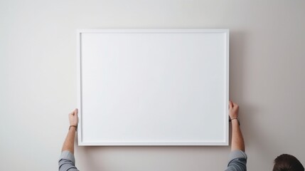 Modern Home Interior And Domestic Decor. Rear back view of man hanging painting, putting photo picture frame on white wall. Casual guy holding showing empty mock up poster, blank free copy space