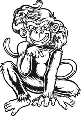 Cannabis smoking comical chimp outline vector illustrations for your work logo, merchandise t-shirt, stickers and label designs, poster, greeting cards advertising business company or brands.
