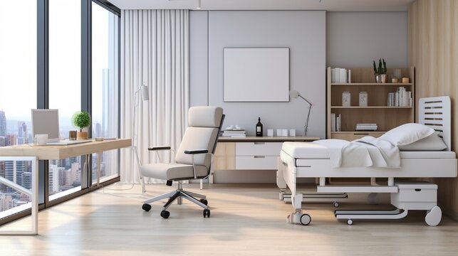 Modern clinic room interior bed with cabinet and partition, stool on wheels. Shelf with documents on hardwood floor. Doctor's workplace. Mock up canvas poster.