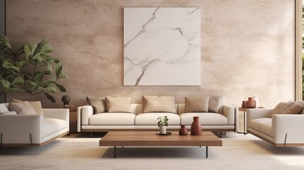 Modern interior design of apartment, living room with beige sofa, marble coffee tables. Empty poster on the wall.