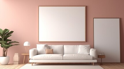 neaon decorated Stylish room interior with empty posters on light wall. Mockup for design