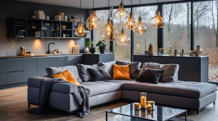Pendant lights adorn the modern kitchen; cushions on sofa