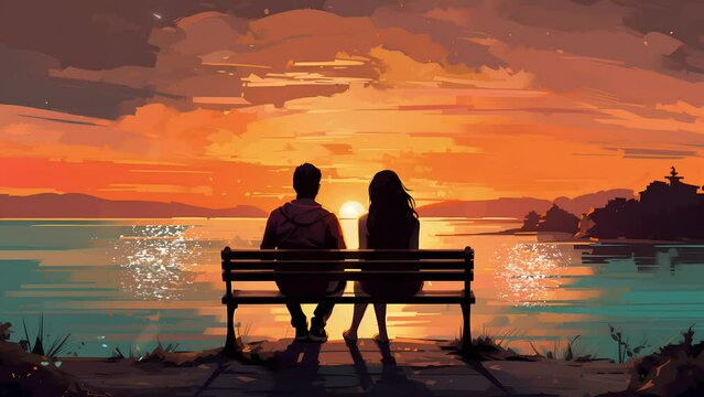 couple sitting together enjoying the sunset on the beach. Animated looping background