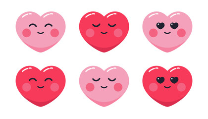 Love emoticon vector illustration pack. Set of Valentine cute heart shape icon. Cartoon red heart character with funny face