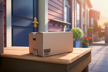 Close up of parcel or cardboard box in front of entrance house. Real estate concept delivery and purchasing. - obrazy, fototapety, plakaty