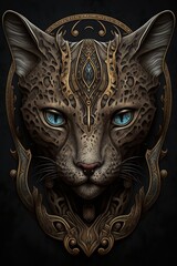 a leopard cat with blue eyes and a mandala on its head. The cat is wearing a leopard print and has a mandala on its head.
