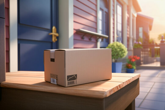 Close up of parcel or cardboard box in front of entrance house. Real estate concept delivery and purchasing.