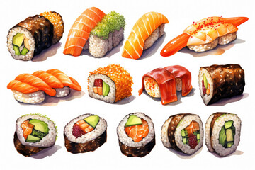 Collection of various types of sushi arranged on clean white surface. Ideal for food and culinary-related projects.