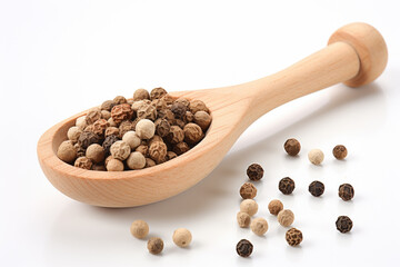 Wooden spoon filled with variety of different kinds of nuts. This image can be used to depict healthy snack, food preparation, or nut-themed recipe.